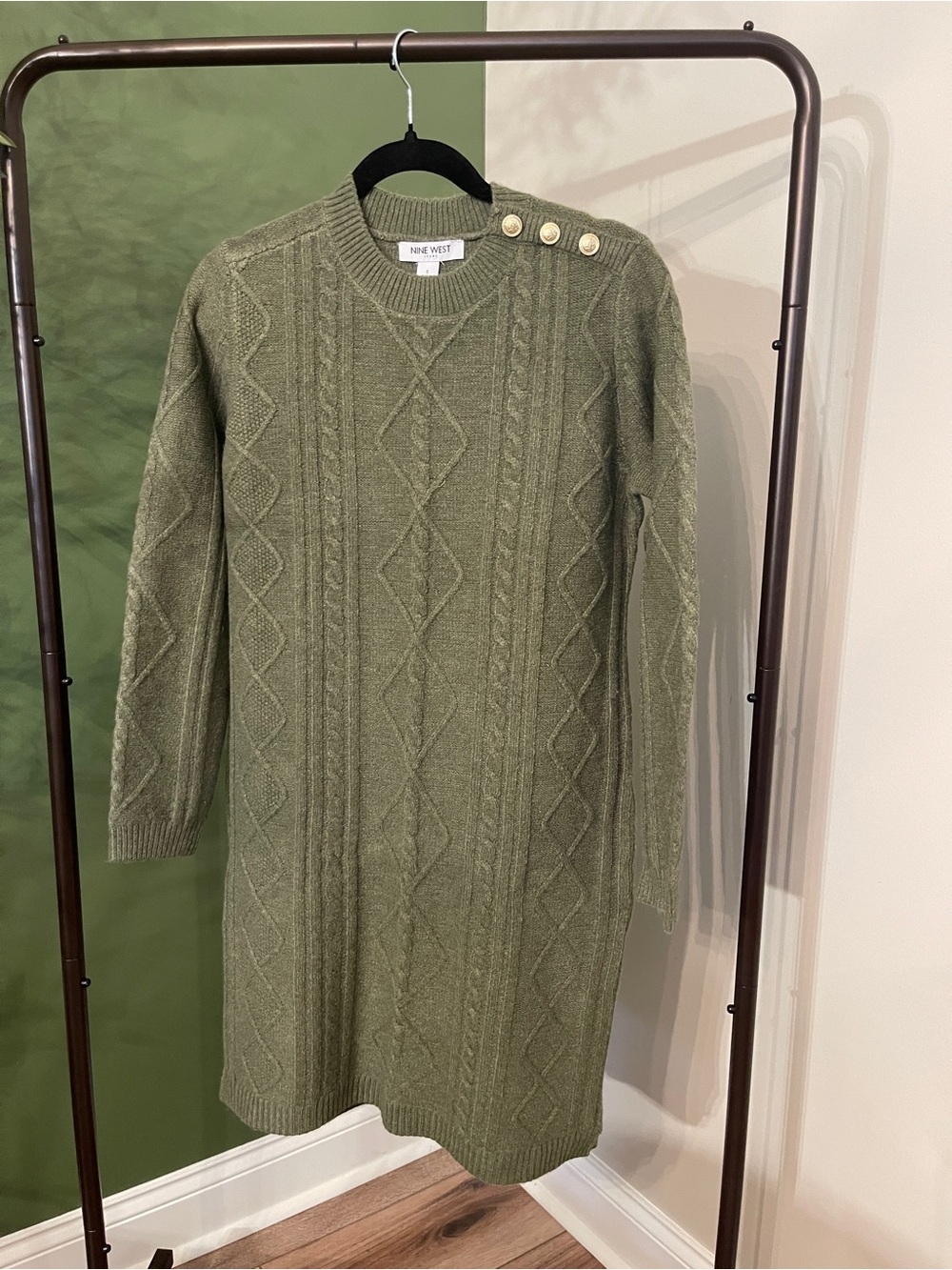 Nine West Olive Cable-Knit Crewneck Sweater Dress with Button Accents